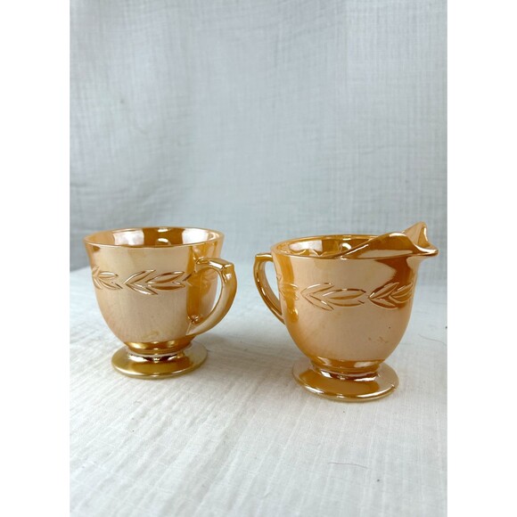 Fire King Peach Luster Laurel Leaf Design Vintage Sugar And Creamer Set - Picture 2 of 9